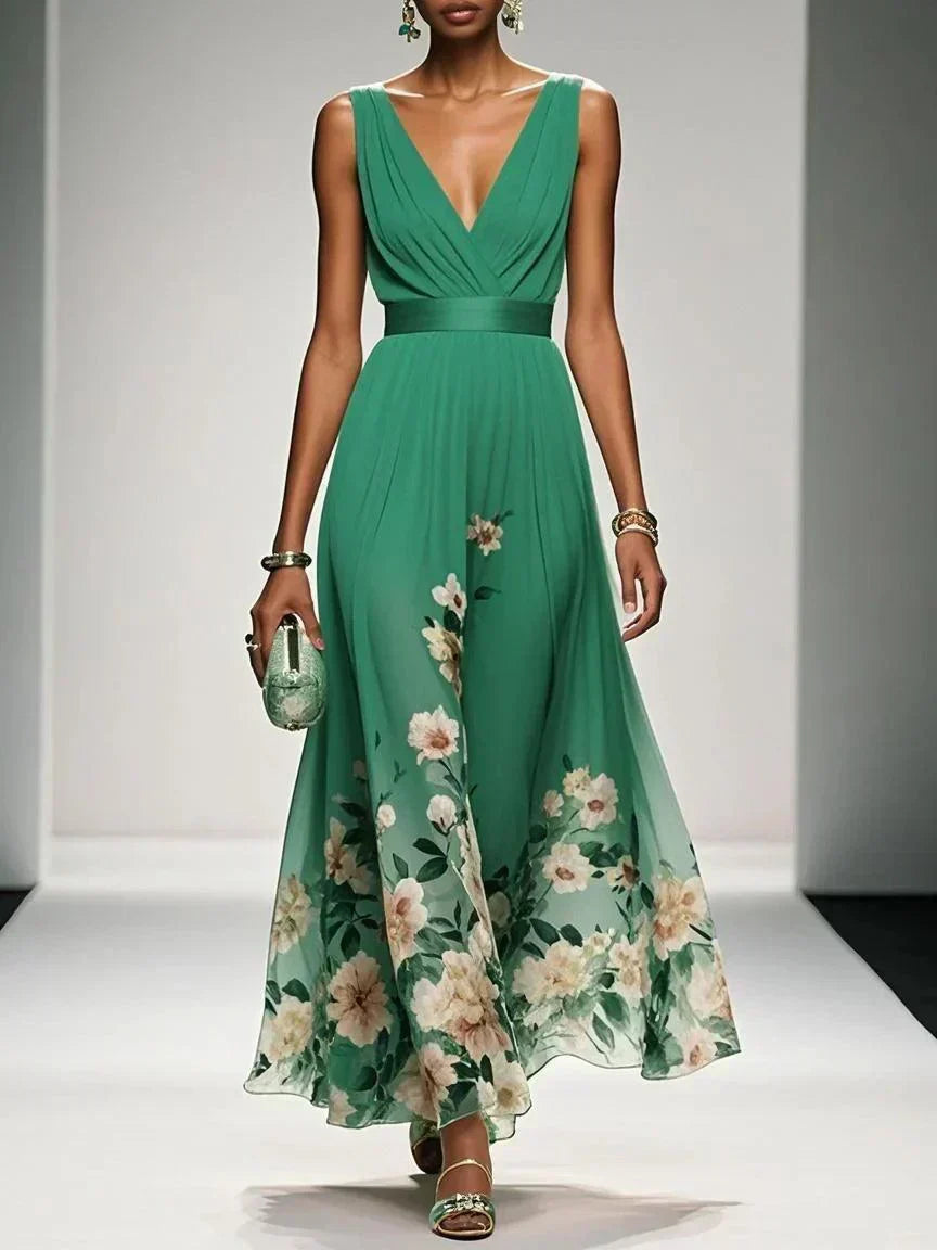 Paula | Maxikleid aus Chiffon mit Blumen hellblau und V-Ausschnitt