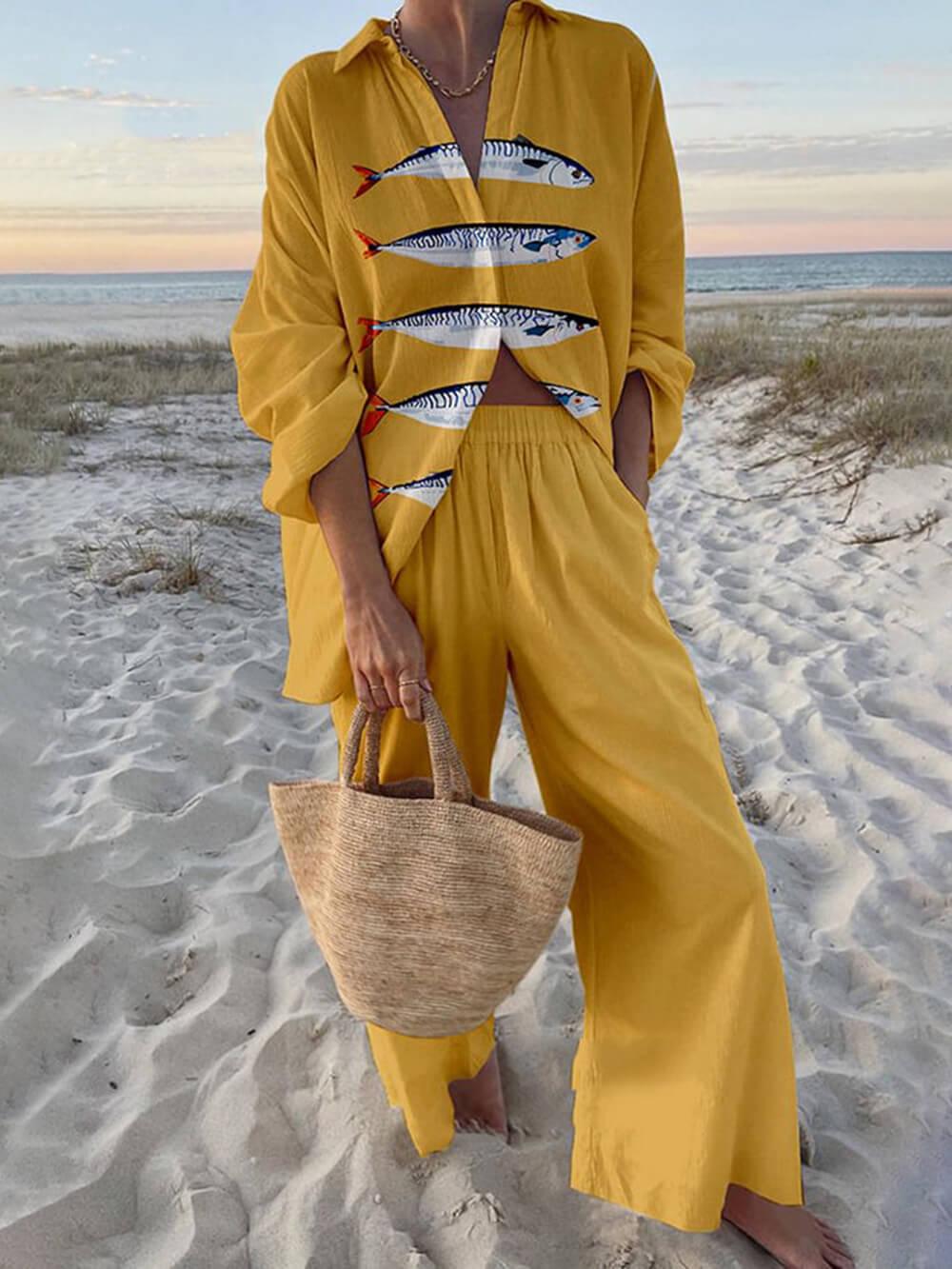 Gisela | Bluse Oversize mit Ozeanprint aus Stil Insel und Hose mit elastischen Taschen