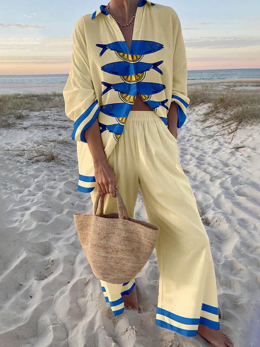 Gisela | Bluse Oversize mit Ozeanprint aus Stil Insel und Hose mit elastischen Taschen