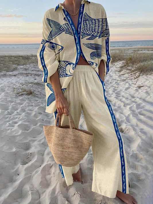 Gisela | Bluse Oversize mit Ozeanprint aus Stil Insel und Hose mit elastischen Taschen