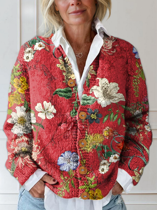 Vintage-Strickjacke mit floralem Kunstdruck und Knöpfen