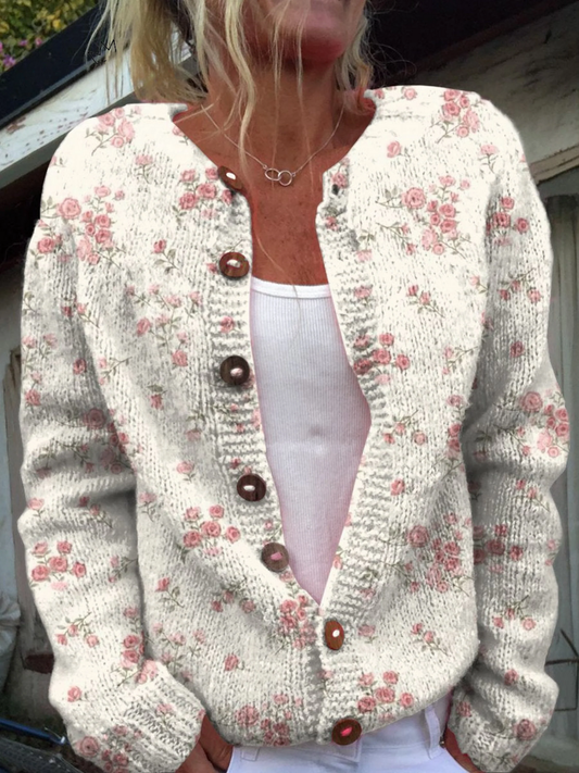 Strickjacke mit rosa Rosenprint und Knöpfen