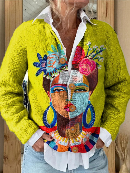 Strickjacke mit gemaltem Porträt-Kunstdruck und Knöpfen