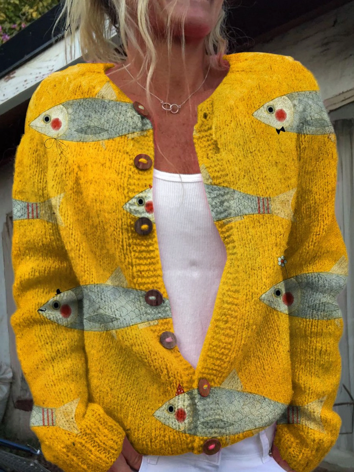Vintage-Strickjacke mit Fisch- und Sardinen-Kunstdruck und Knöpfen