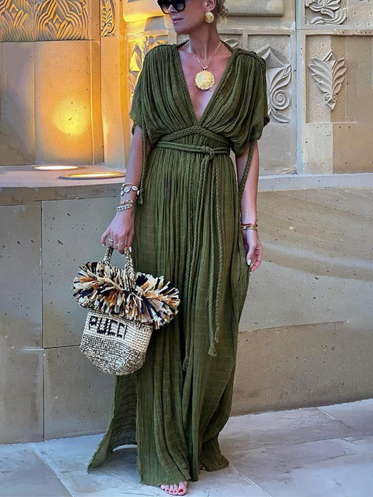 Elke | Maxikleid mit Schlitz und Kimono und Zopfdetails