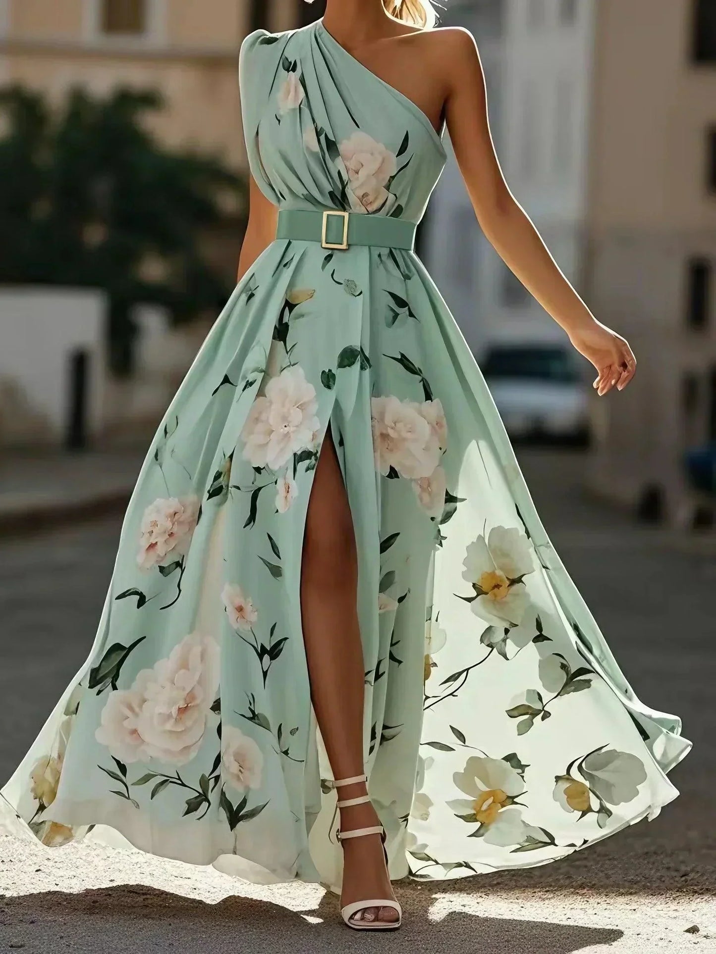 Amelie | Maxikleid Chiffon mit Blumenmuster mit freien Schultern hellgrün