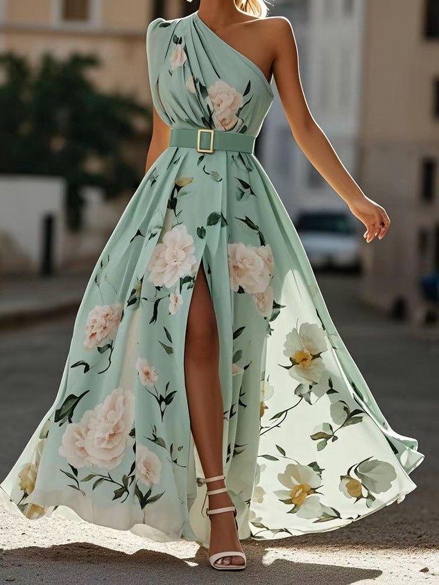 Amelie | Maxikleid Chiffon mit Blumenmuster mit freien Schultern hellgrün