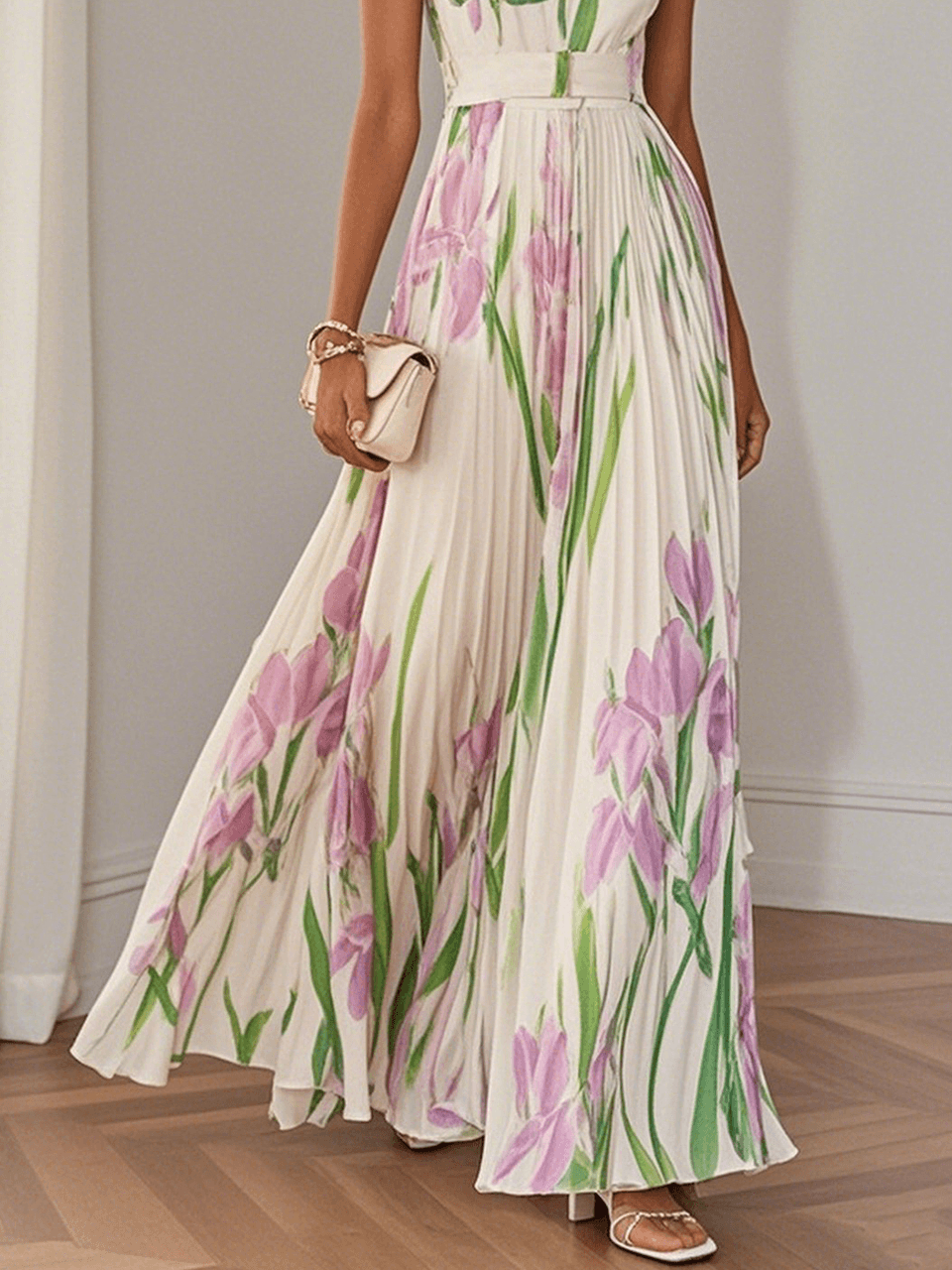 Ingrid | Maxikleid Chiffon mit Blumenmuster plissiert weiß
