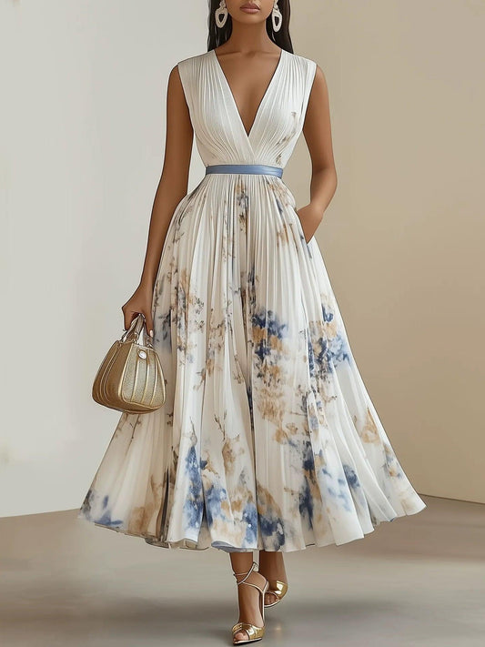 Birgit | Midikleid plissiert aus chiffon mit Blumenmuster weiß mit V-Ausschnitt