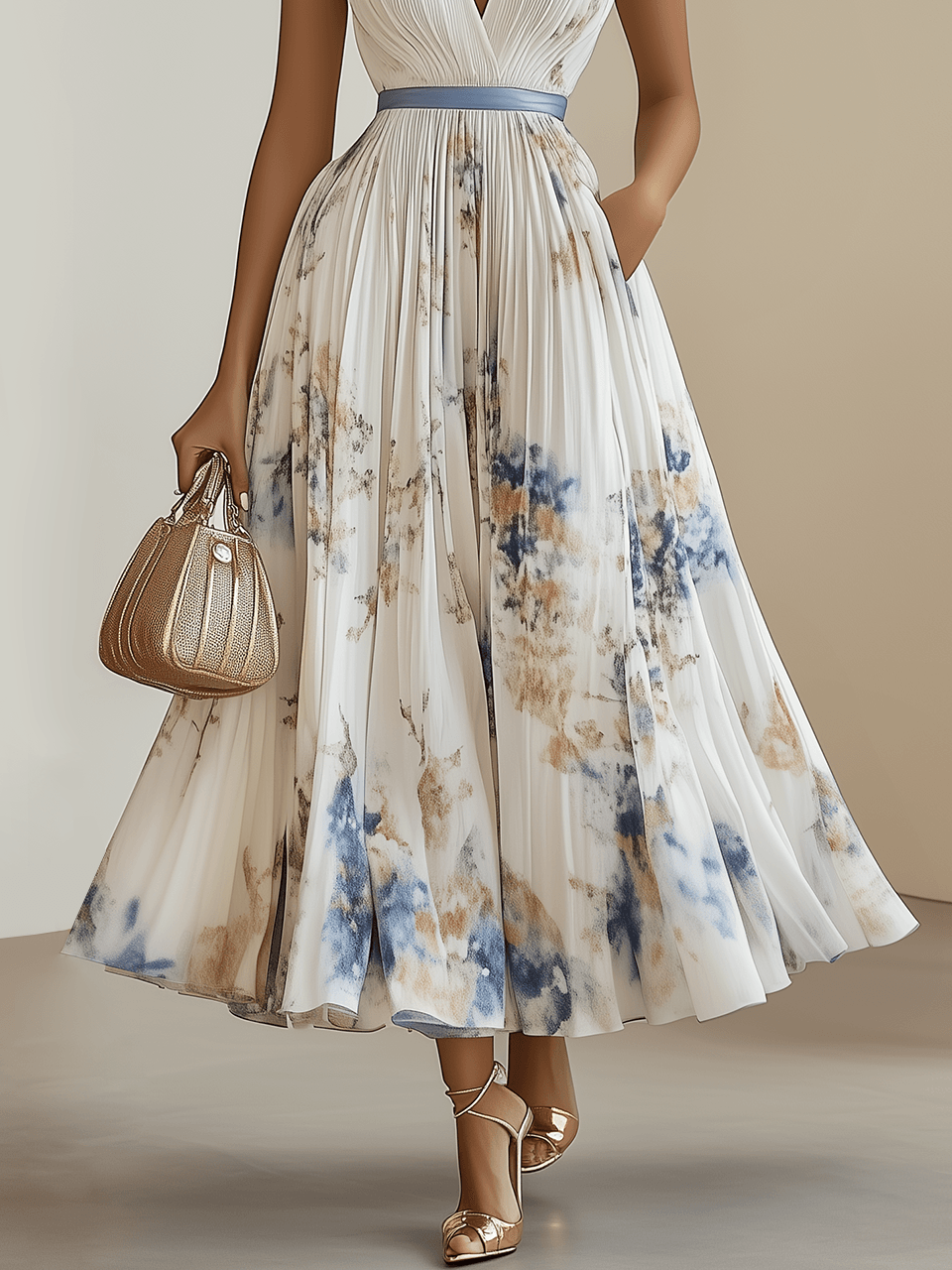 Birgit | Midikleid plissiert aus chiffon mit Blumenmuster weiß mit V-Ausschnitt