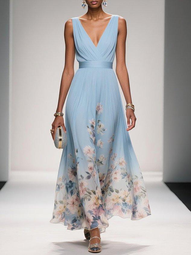 Paula | Maxikleid aus Chiffon mit Blumen hellblau und V-Ausschnitt