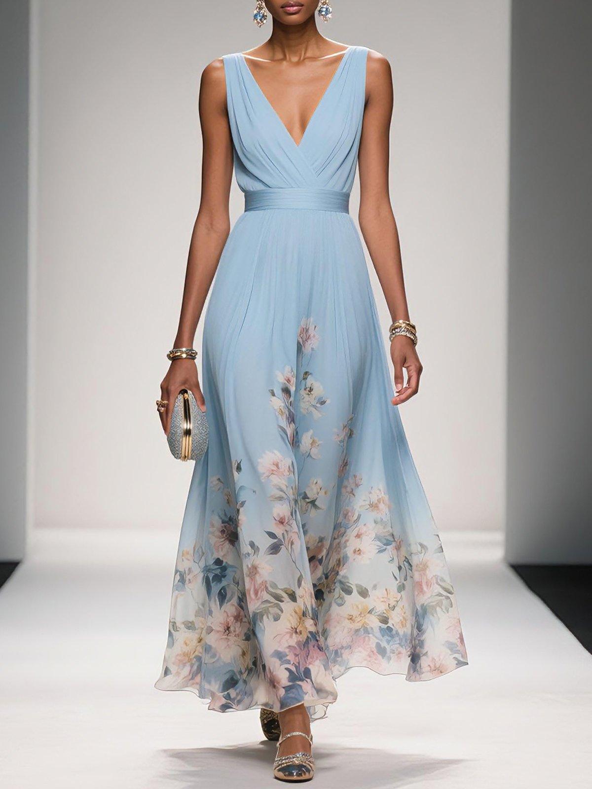 Paula | Maxikleid aus Chiffon mit Blumen hellblau und V-Ausschnitt