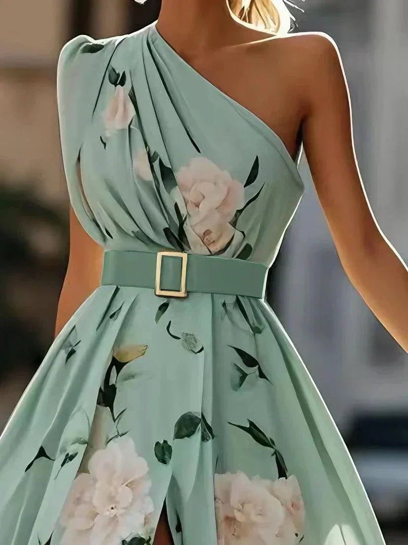 Amelie | Maxikleid Chiffon mit Blumenmuster mit freien Schultern hellgrün