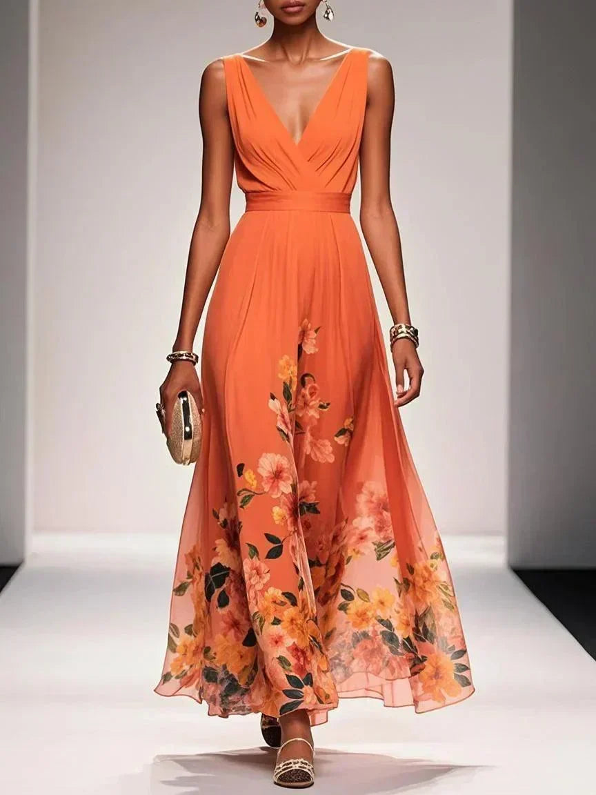 Paula | Maxikleid aus Chiffon mit Blumen hellblau und V-Ausschnitt
