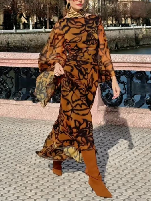 Petra | Langes Kleid mit Print Glamour für den Strand braun