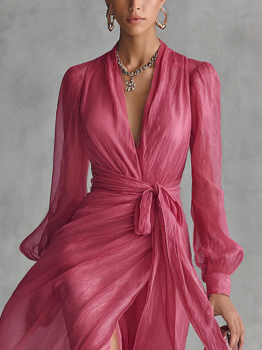 Lea | Langes Kleid aus chiffon elegant mit V-Ausschnitt und Bindetaille
