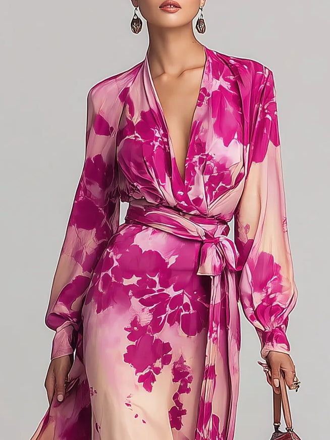 Annika | Maxikleid mit Blumenmuster mit V-Ausschnitt und Gürtel
