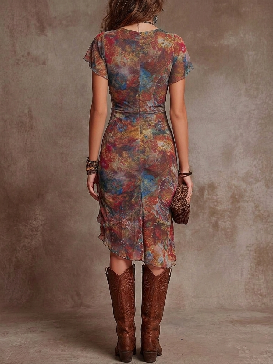 Emilia | Midikleid plissiert Herz-V-Ausschnitt abstrakt Boho
