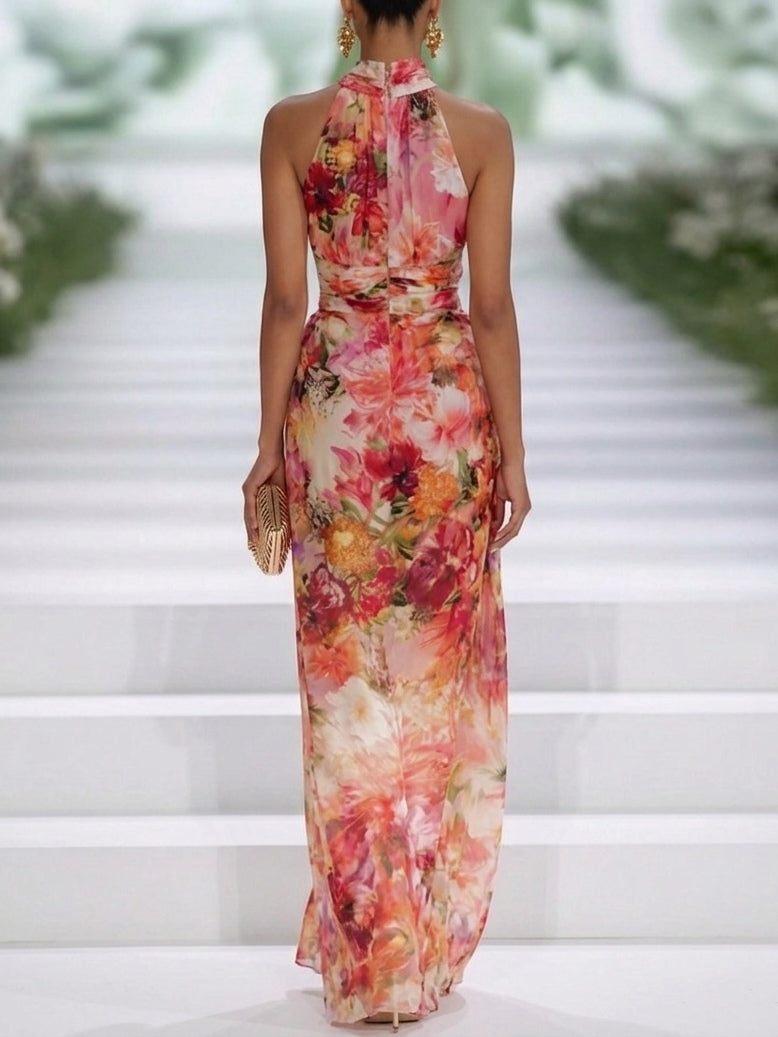Carla | Maxikleid ärmellos aus Chiffon rot mit Blumen
