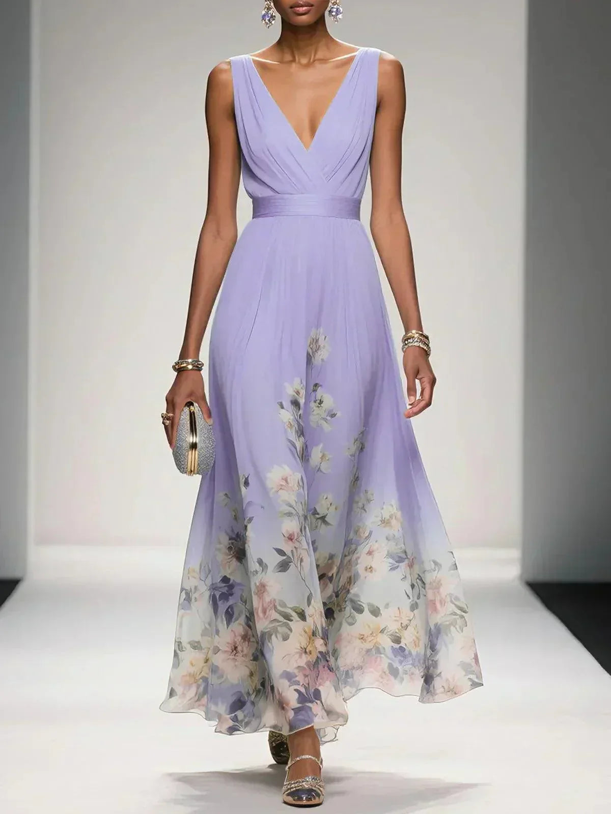 Paula | Maxikleid aus Chiffon mit Blumen hellblau und V-Ausschnitt