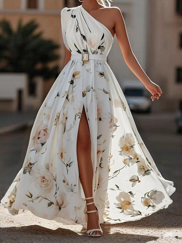 Amelie | Maxikleid Chiffon mit Blumenmuster mit freien Schultern hellgrün