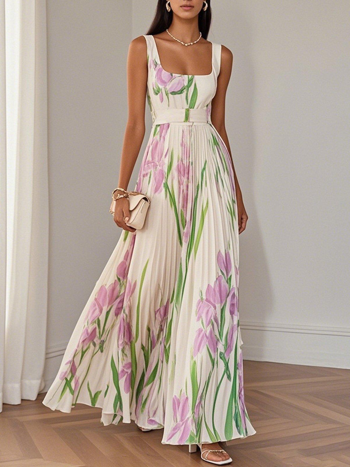 Ingrid | Maxikleid Chiffon mit Blumenmuster plissiert weiß