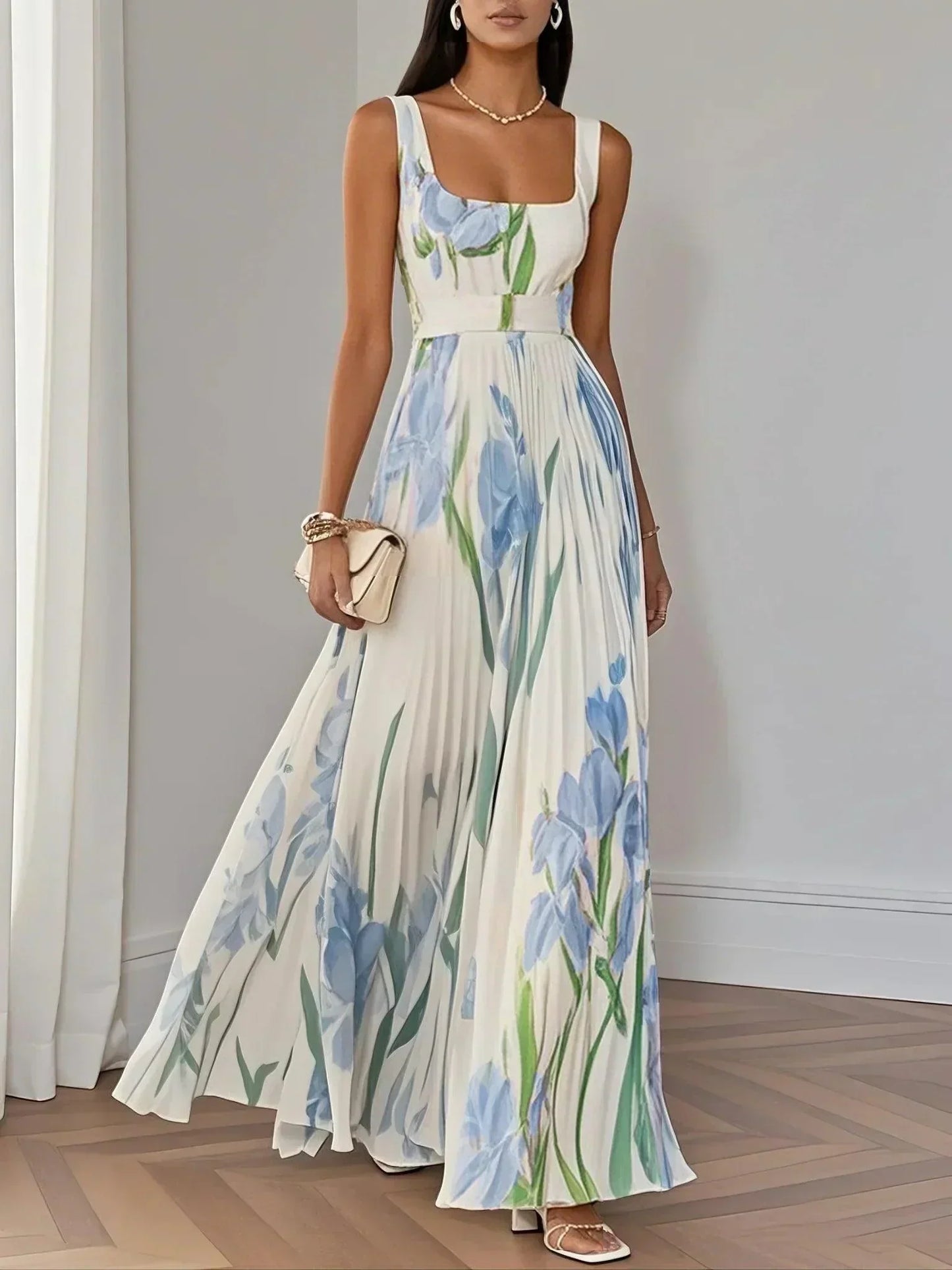 Ingrid | Maxikleid Chiffon mit Blumenmuster plissiert weiß