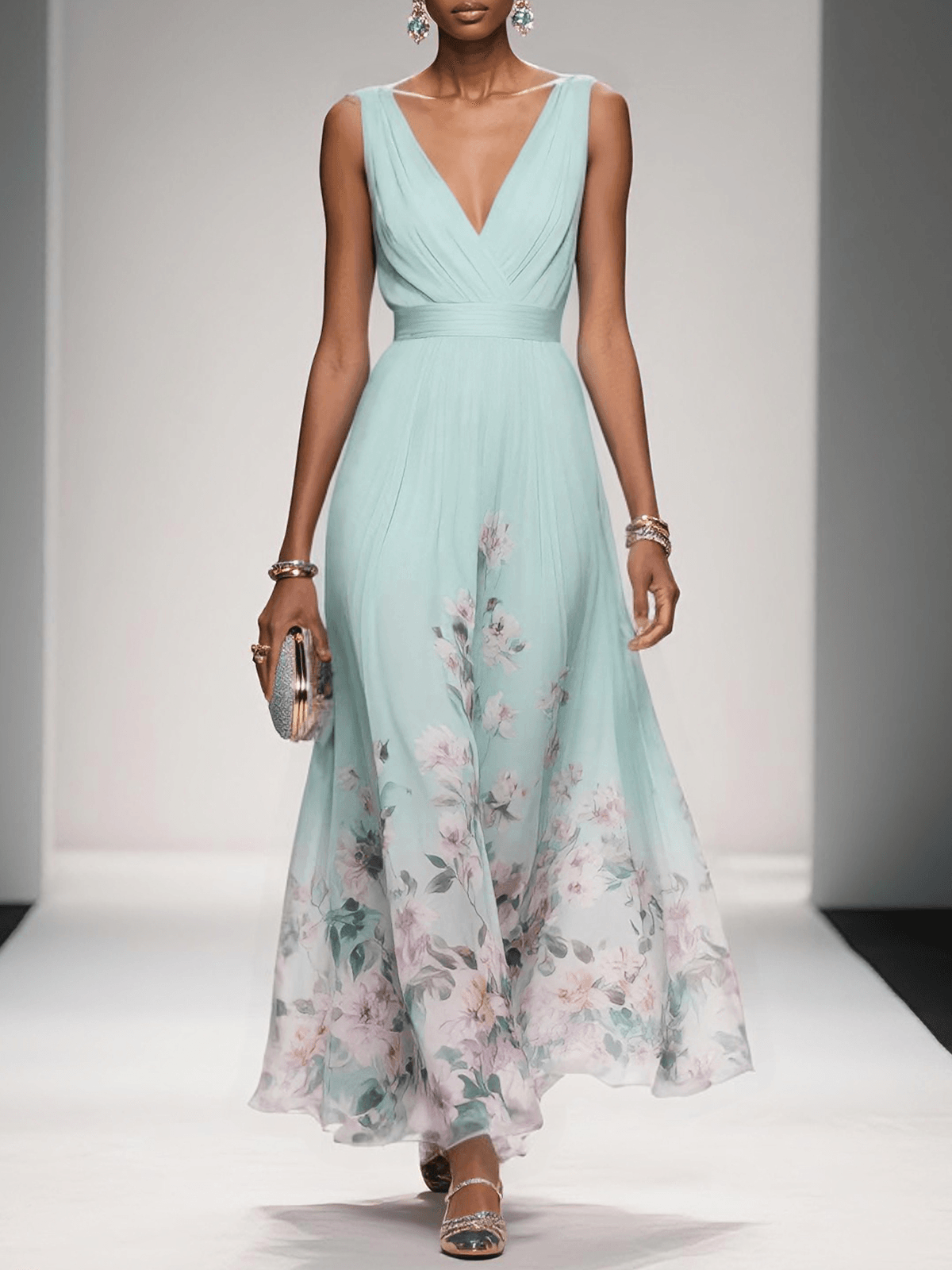 Paula | Maxikleid aus Chiffon mit Blumen hellblau und V-Ausschnitt